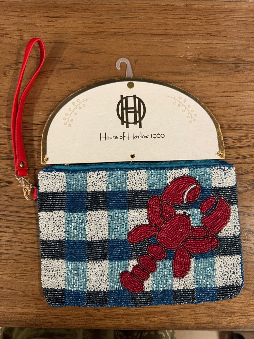 House of Harlow 1960 Blue Check Beaded Clutch with Red Lobster Appliqué Wristlet